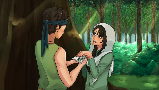 Adinda giving Saidjah some Jasmine flowers